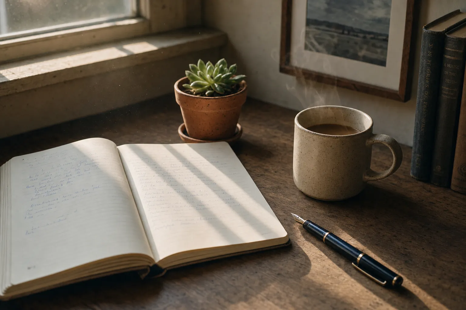 A quiet morning workspace with notebook, pen, plant, and coffee — the kind of deliberate, grounded work the Foundation was built on