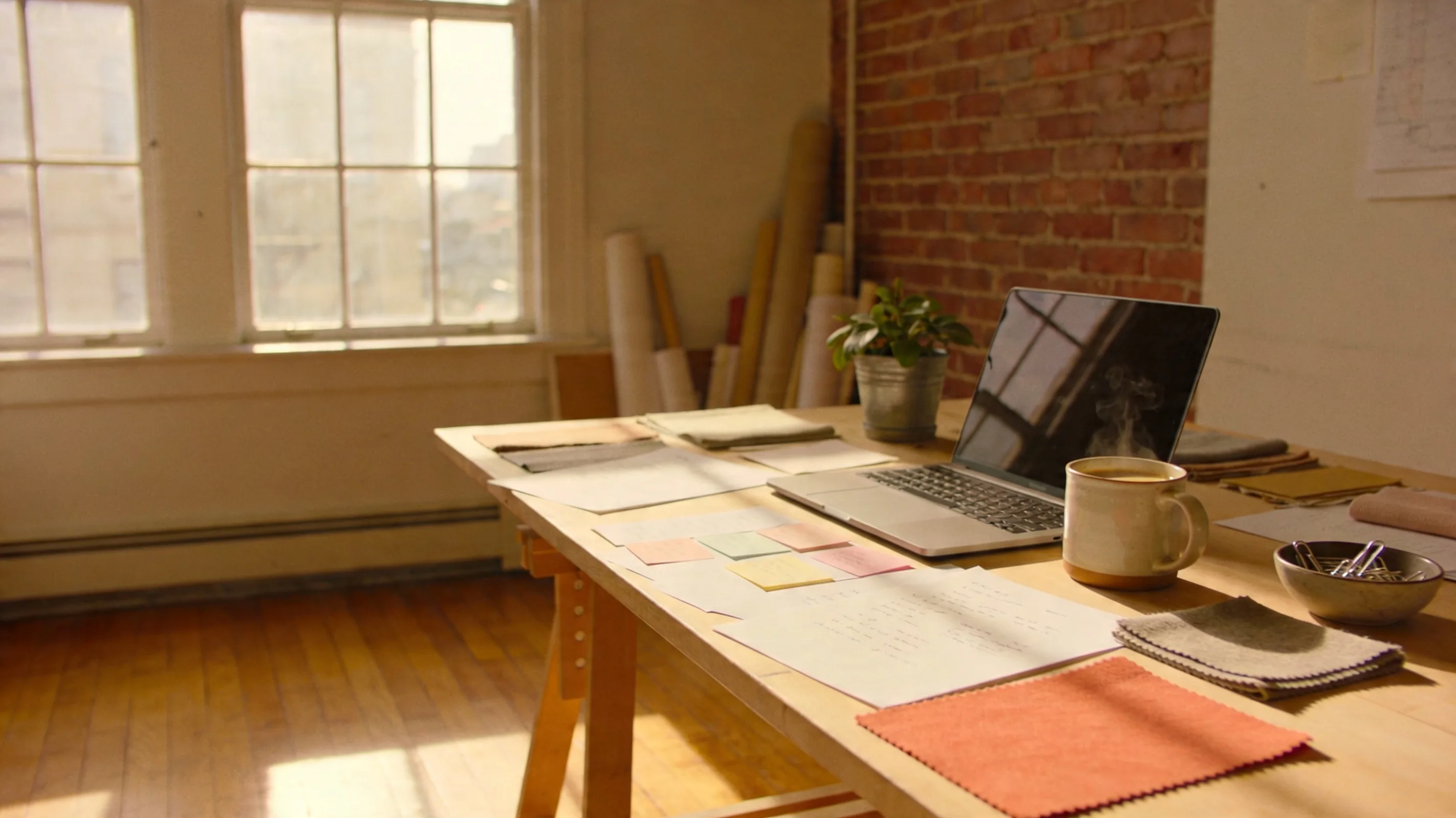 A small independent creative studio interior — wooden worktable with laptop, scattered notes, fabric swatches, coffee mug, and morning light streaming through tall windows