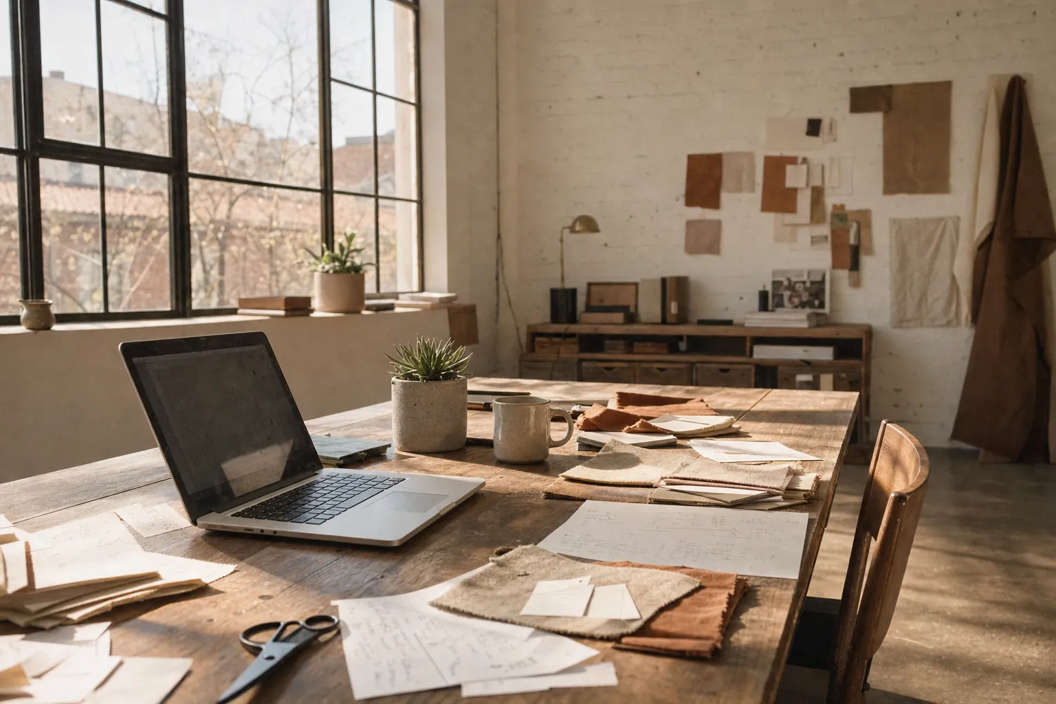 A small independent creative studio interior — wooden worktable with laptop, scattered notes, fabric swatches, coffee mug, and morning light streaming through tall windows