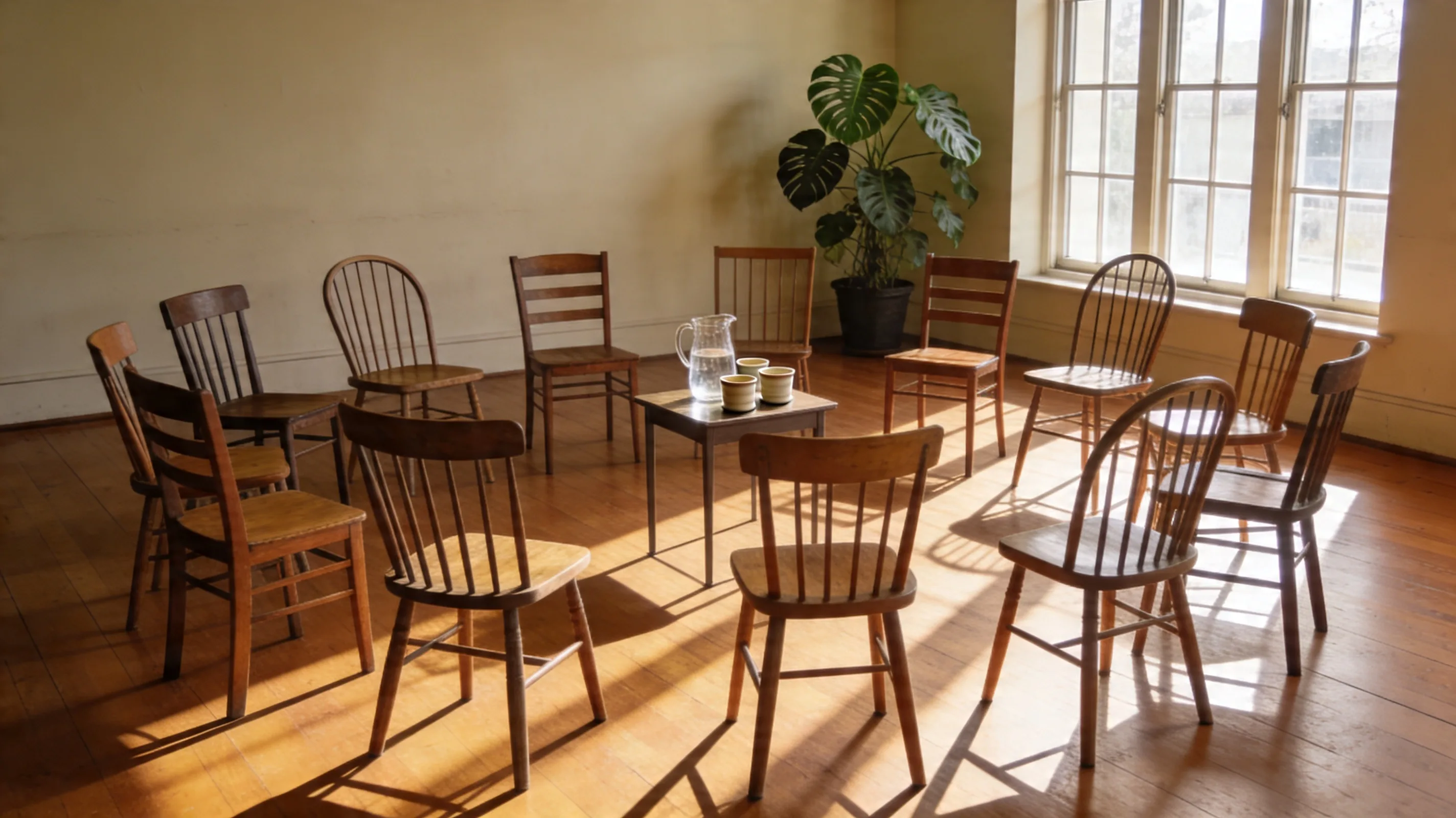 An empty circle of wooden chairs in morning light — the kind of community space where SMART Recovery workshops are held