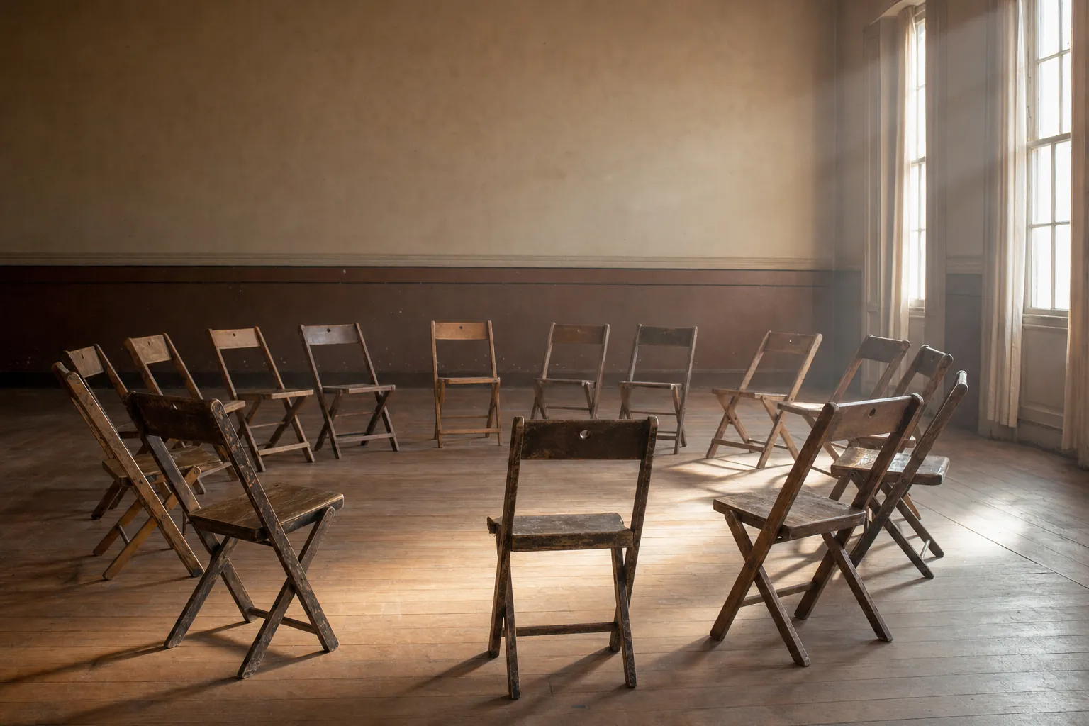 An empty circle of wooden chairs in morning light — the kind of community space where our Recovery & Support workshops are held