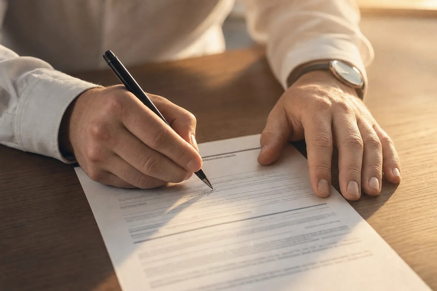 Hands completing paperwork in warm window light, representing the quiet personal work of legal name change and gender marker processes